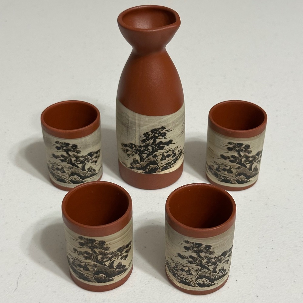 Japanese Sake 5‎ Piece Set Ceramic Bottle Cups Artisan Oriental Landscape Design